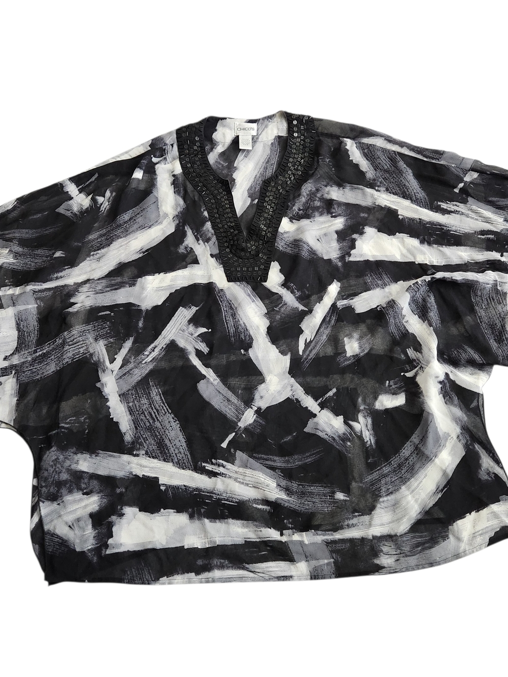 Chico's 100% Silk Beaded Sheer Kimono Sleeve Blouse Top Women's L Black White